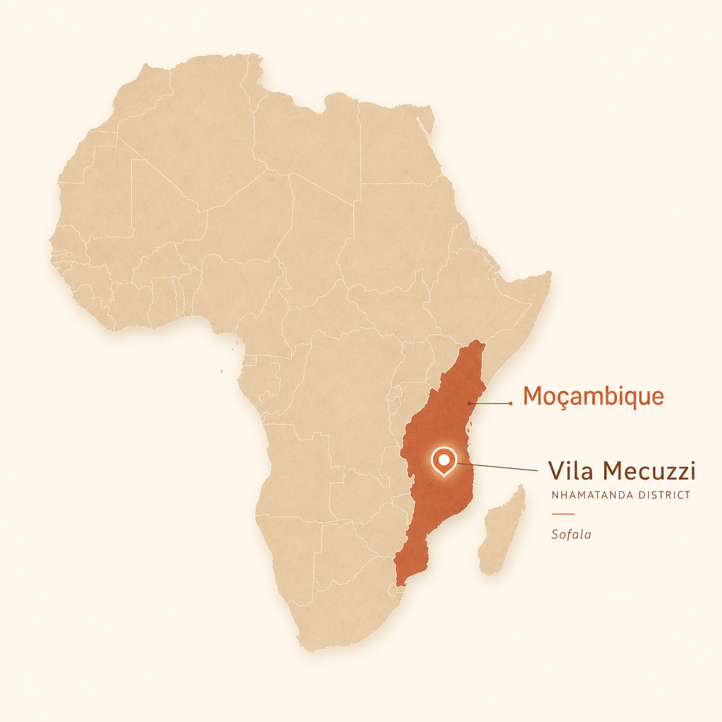 Mapa localizando o Projeto Msinsi em Vila Mecuzzi, distrito de Nhamatanda, província de Sofala, em Moçambique.